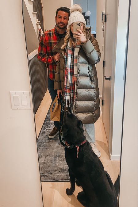 Long metallic puffer coat: Runs BIG! I’m wearing a Small and there is plentyyyyyy of room.

Straight leg jeans and high top sneakers are TTS!

Also linking our favorite plaid dog bandana - it’s on sale.

Holiday style. Holiday outfits. Family outfits. Plaid scarf. Plaid shirt. Puffer coat.

#LTKHoliday #LTKSeasonal #LTKfamily