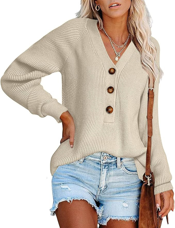 Jollycode Womens V Neck Button Down Henley Sweaters Long Sleeve Ribbed Knit Sweater Casual Side S... | Amazon (US)
