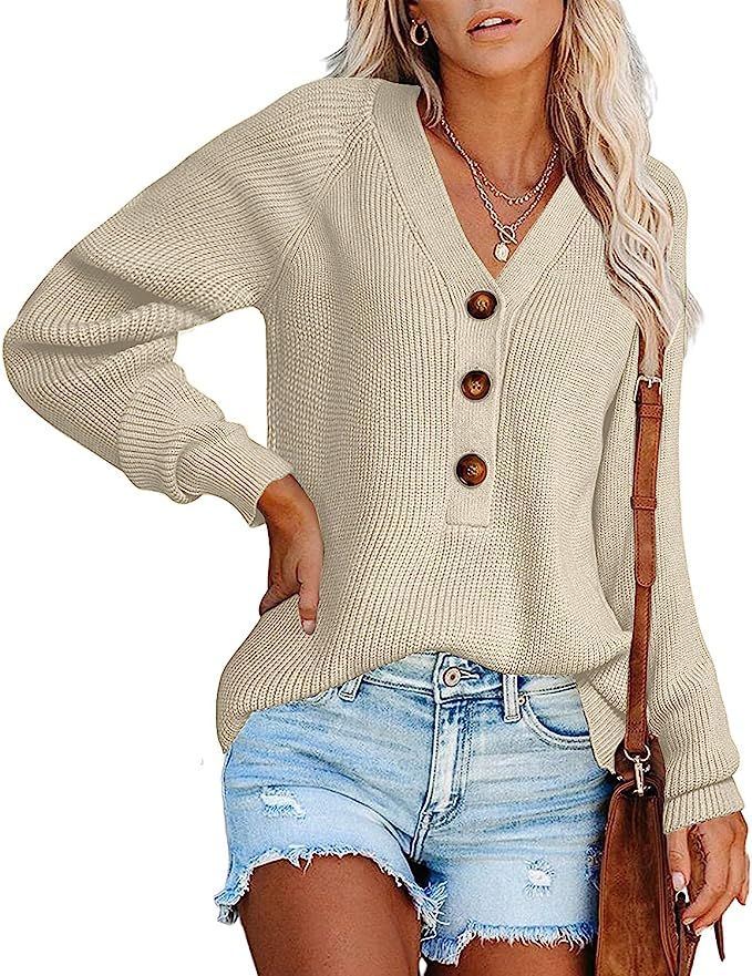 Jollycode Womens V Neck Button Down Henley Sweaters Long Sleeve Ribbed Knit Sweater Casual Side S... | Amazon (US)