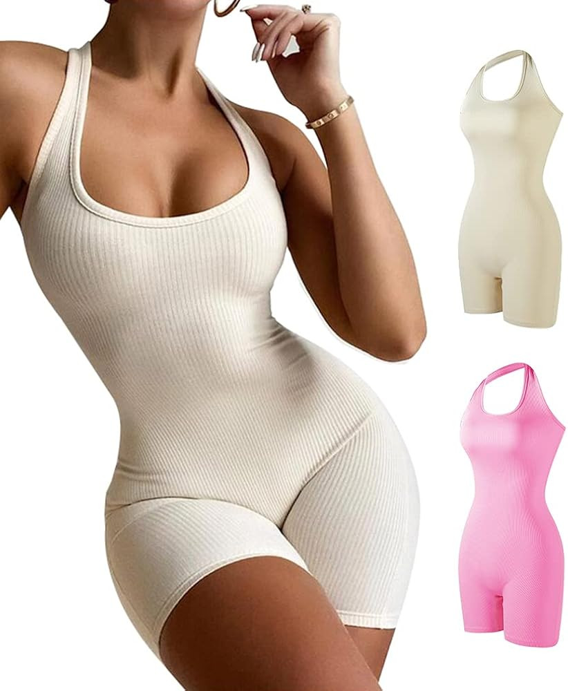 ZFLM Women's Sexy Backless Tank Top Bodycon Summer One Piece Halter Ribbed Sleeveless Bodysuit Ro... | Amazon (US)