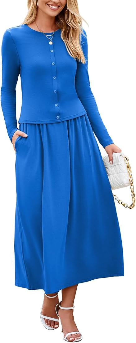 Glamaker Women's 2 Piece Skirt Sets Long Sleeve Casual Outfits Top Maxi Skirt Knit Dresses Matchi... | Amazon (US)