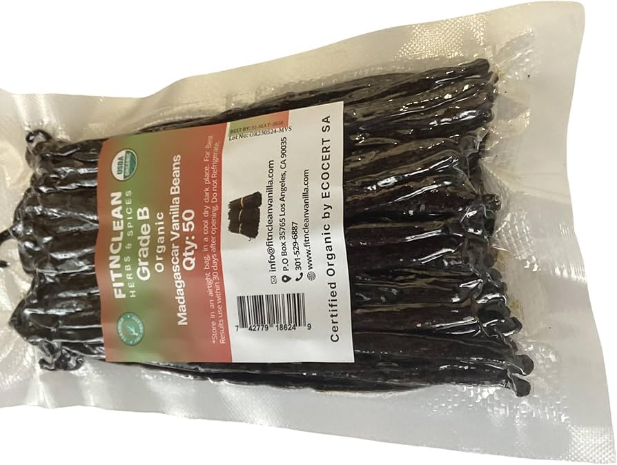 50 Madagascar Organic Vanilla Beans Grade B. Certified USDA Organic. 5"-7" by FITNCLEAN VANILLA f... | Amazon (US)
