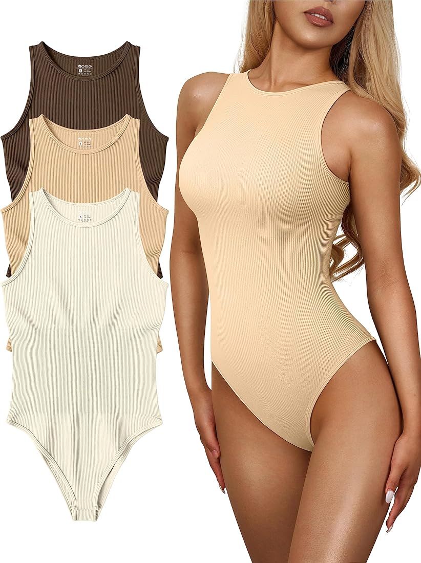 Women's 3 Piece Bodysuits Sexy Ribbed One Piece Sleeveless Halter Neck Bodysuits | Amazon (US)