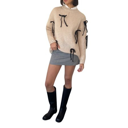 Mubineo Women s Spring Autumn Knit Tops Long Sleeve Crewneck Bow Decor Loose Fit Knitwear | Walmart (US)