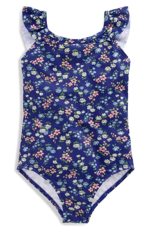 Mini Boden Kids' Hallie Frill Strap One-Piece Swimsuit in Sapphire Blue Meadow Floral at Nordstrom, Size 5-6Y | Nordstrom