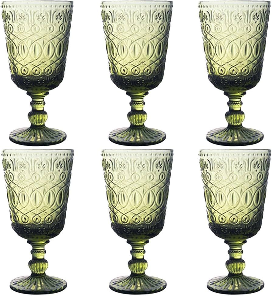 Green Drinking Glasses set of 6 Red Wine Goblets 10 OZ Colored Water Beverage Cup Vintage Glasswa... | Amazon (US)