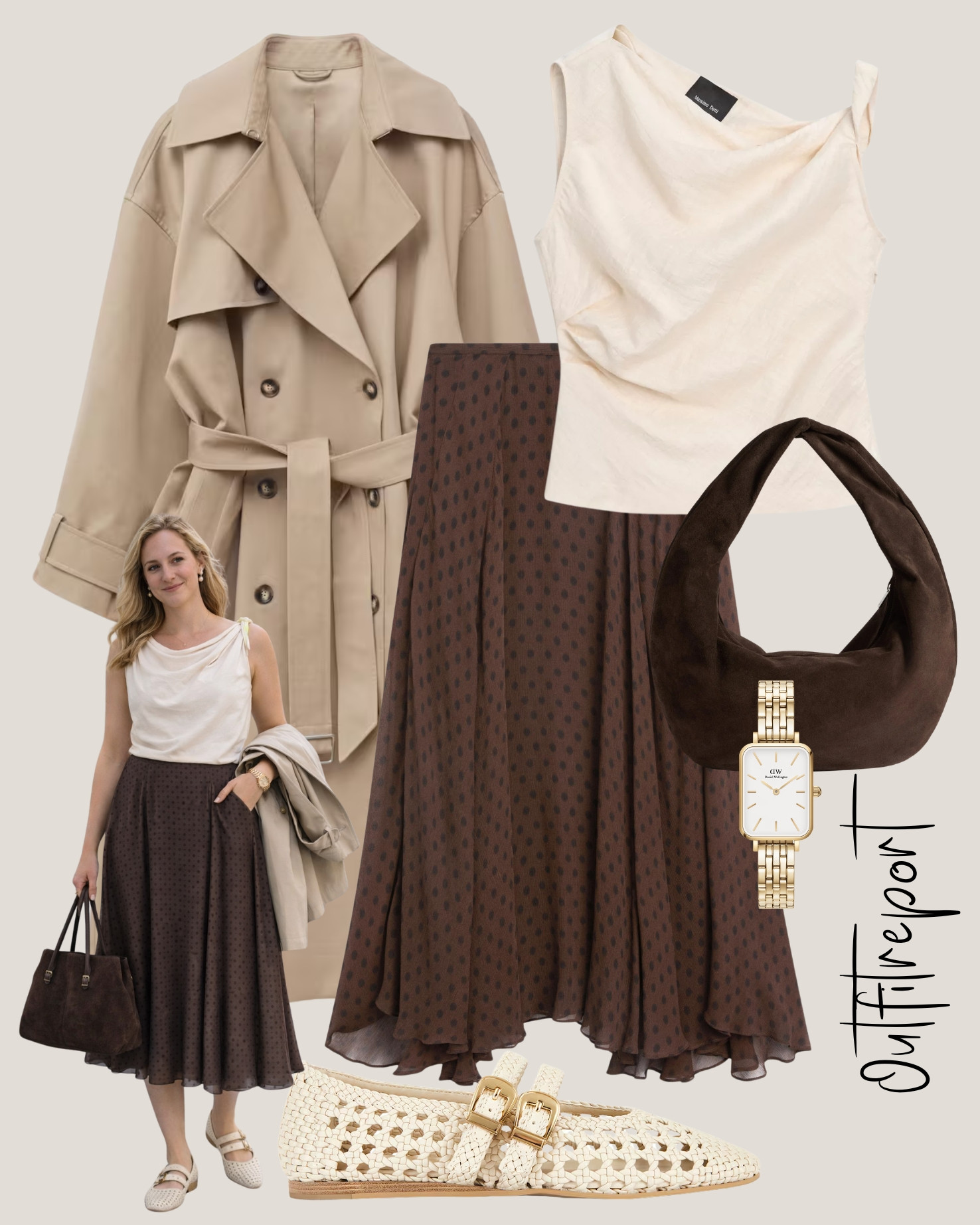 spring summer outfit trench coat white top, polka dot maxi skirt, brown handbag, white mesh flats  

 #LTKspring #LTKeurope #LTKstyletip