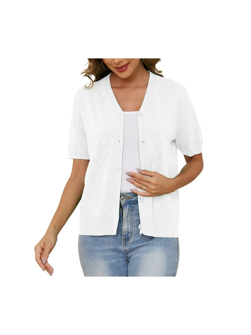 Uvplove Women's V Neck Crochet Knit Cardigan Short Sleeve Open Front Button Down Hollowed Out Sof... | Walmart (US)