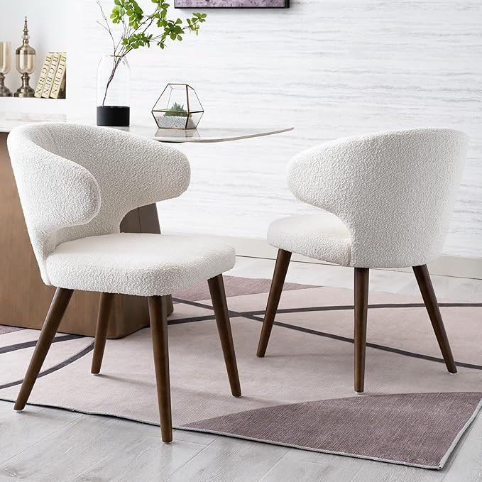 Modern Sherpa Dining Chairs Set of 4 with Curved Back & Wooden Legs, Furry and Cozy Mid Century D... | Amazon (US)