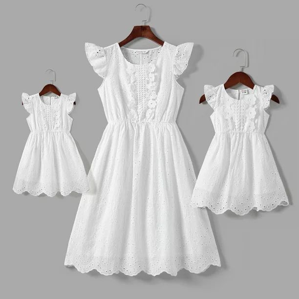 PatPat Mommy and Me Dresses Family Matching Outfits White Eyelet Embroidered Flutter-sleeve Dress... | Walmart (US)
