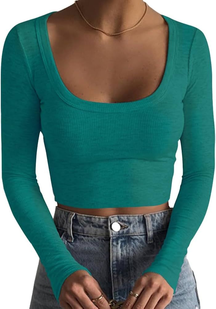 Artfish Women's Square Neck Long Sleeve Ribbed Slim Fitted Casual Basic Crop Top | Amazon (US)