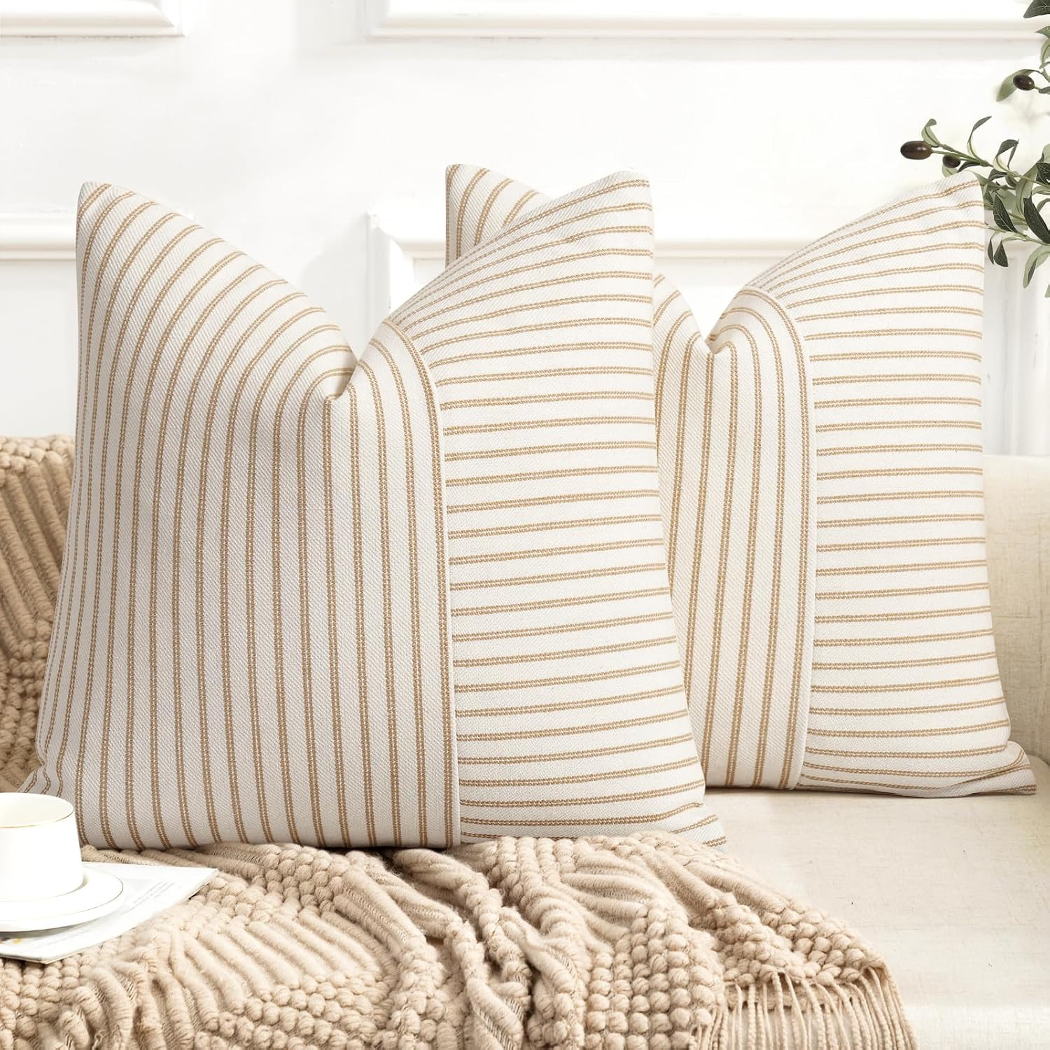YCOLL Farmhouse Pillow Covers 18x18, Modern Accent Square Throw Pillow Covers Set of 2, Khaki and Beige Striped Patchwork Linen Decorative Pillows Cushion Covers for Couch Chair Bedroom Home Decor | Amazon (US)