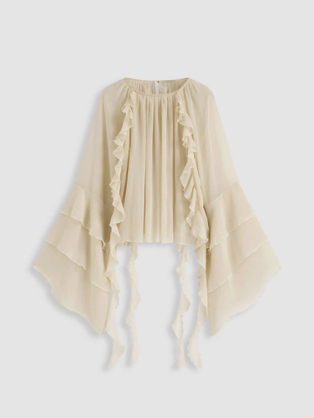 Chiffon-Bluse mit Spitzenbund und durchsichtigen Glockenhülsen... | Cider