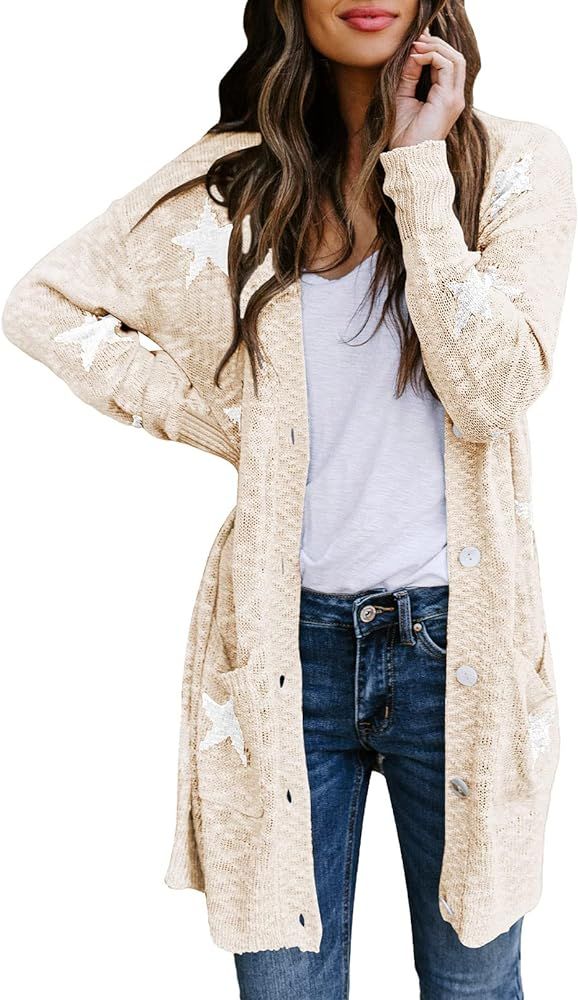 HUUSA Women's Star Print Button Down Sweater Cardigans Casual Lightweight Long Sleeve Open Front ... | Amazon (US)