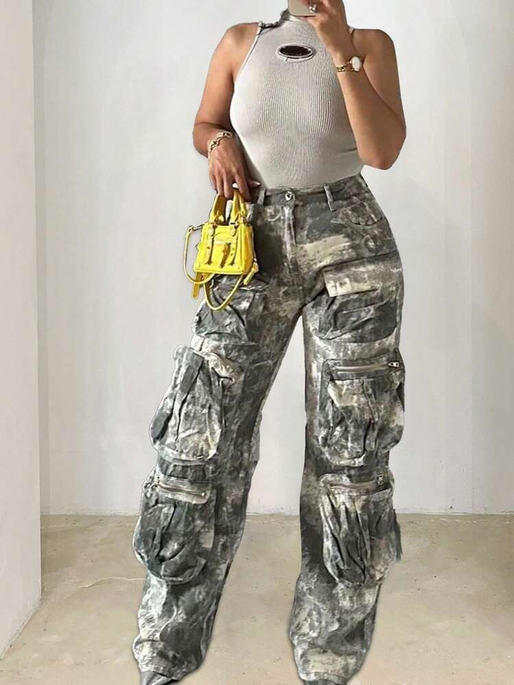 Christmas Gift Women's Camouflage Jeans High Waist Loose Jeans Overalls With Pockets Hip Hop Jean... | SHEIN