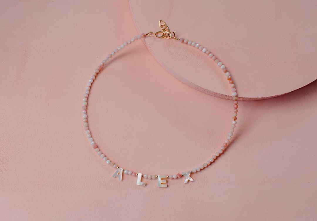 Pink Opal Gemstone Necklace with Pearl Letters | Initial Necklace | Name Necklace | Name Necklace... | Etsy (US)