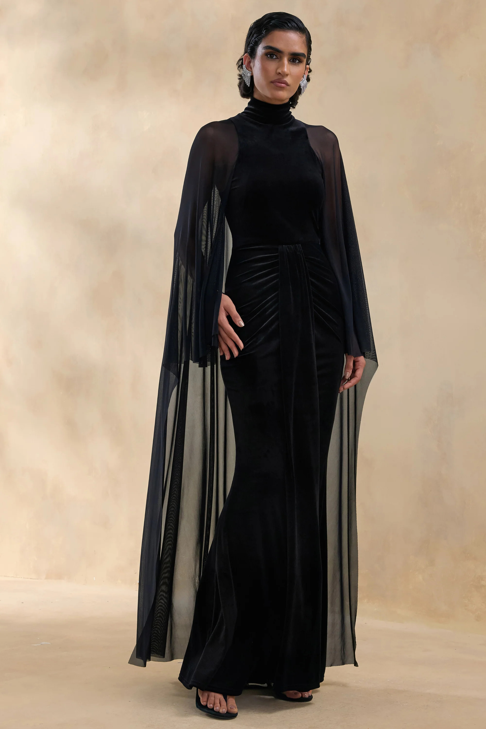 Adoring | Black Velvet High-Neck Maxi Dress With Cape | Club L London