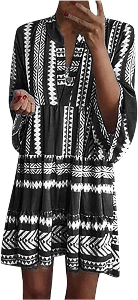 Boho Dresses for Women,2024 Spring Summer Trendy Floral Print Beach Dress,Casual Loose V Neck 3/4... | Amazon (US)