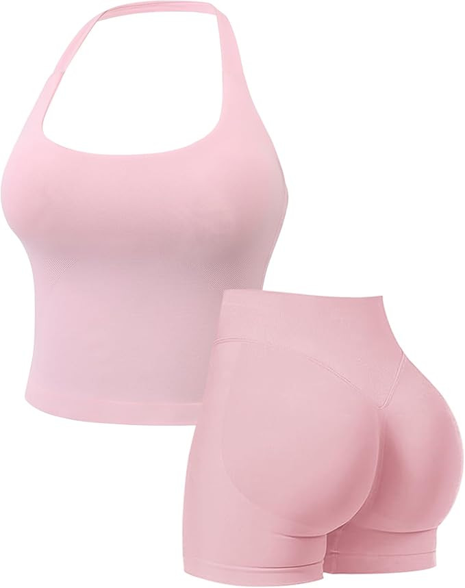 Womens Workout Sets Gym Outfits 2 Pieces Seamless Longline Halter Backless Crop Top Scrunch Bums ... | Amazon (UK)