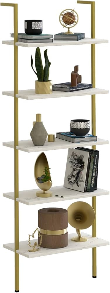 aboxoo Ladder Shelf White Marble Open Bookshelf 5-Tier Wall-Mounted Wood Rack Industrial Modern P... | Amazon (US)