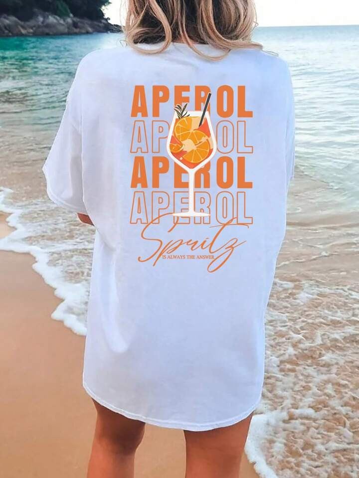 SHEIN EZwear Aperol Spritz Cocktail Print Loose Fit T-Shirt For Plus Size | SHEIN