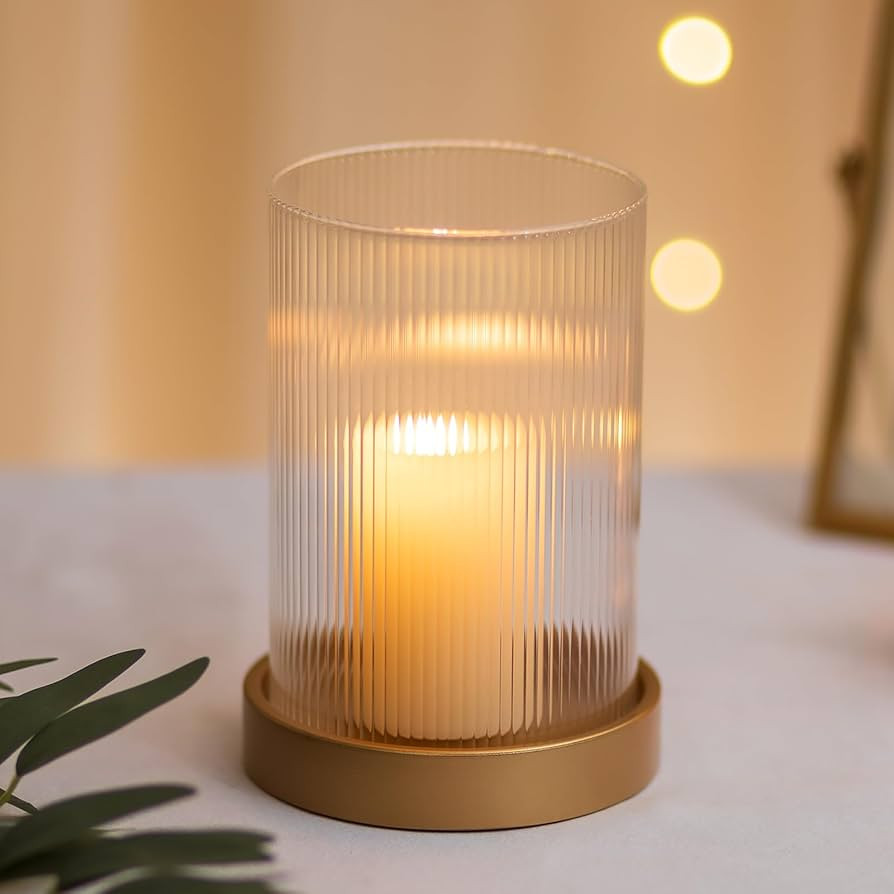 Hewory Ribbed Hurricane Candle Holder: Gold Votive Candle Holders Glass Hurricane with Metal Cand... | Amazon (US)