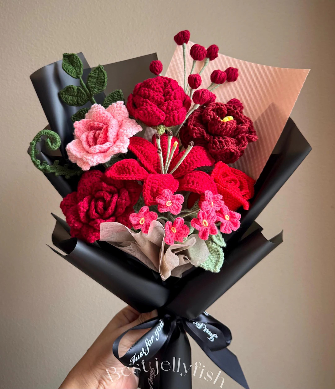 Valentine's Day Gift, Crochet Red Pink Rose Bouquet, Knitted Peony Lily Tulip, Gift for Her, Birt... | Etsy (US)
