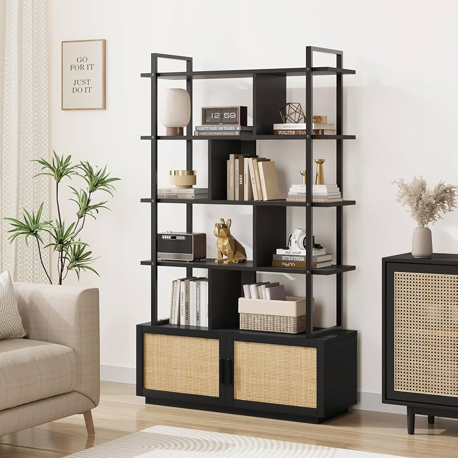 GAOMON 5 Tier Rattan Bookshelf with Storage Cabinet & Door, 71.1 Inch Tall Industrial Book Shelf ... | Amazon (US)
