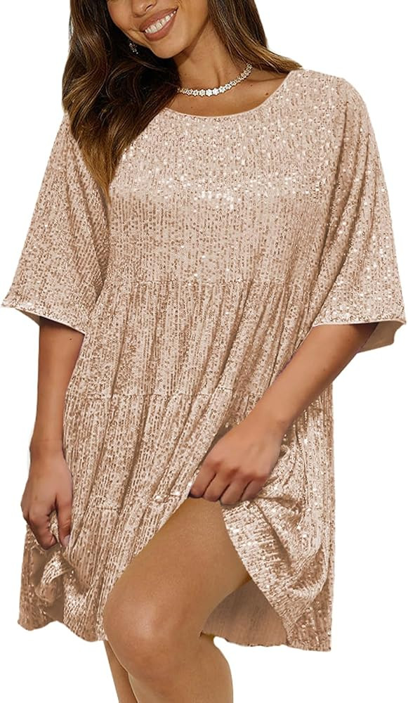 Women Sequin Dress Sparkly Short Flowy Tiered Ruffle Casual Loose Shiny Glitter Dress | Amazon (US)