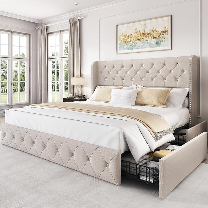 King Size Bed Frame with 4 Storage Drawers and Tufted Headboard Linen Upholstered Platform Bed Fr... | Amazon (US)