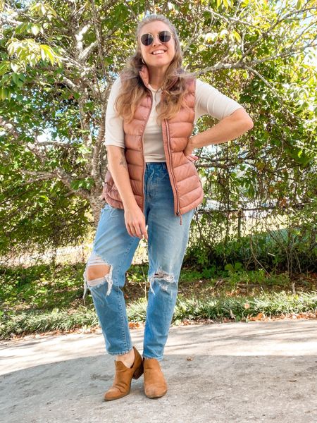 Casual fall outfit. Puffer vest outfit. Loose distressed jeans outfit. Sahm outfit ideas. 

#LTKtravel #LTKfindsunder50 #LTKSeasonal