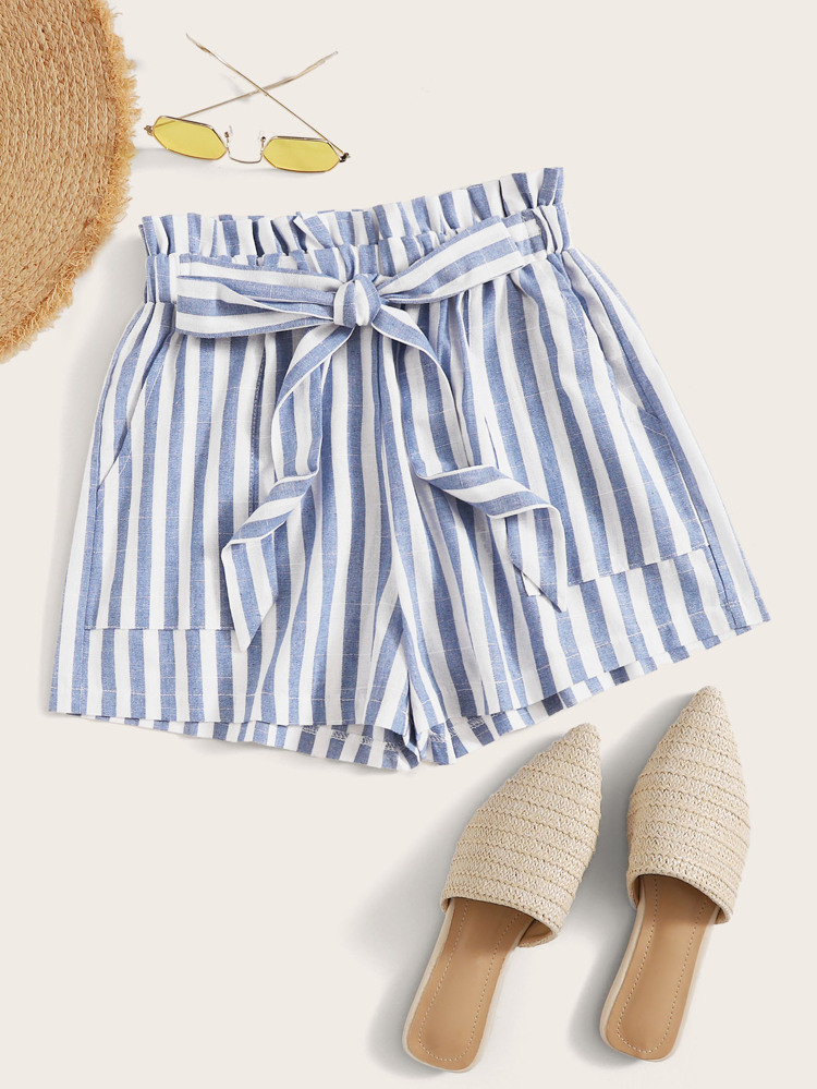 Self-Tie Belted Striped Paperbag Shorts | SHEIN