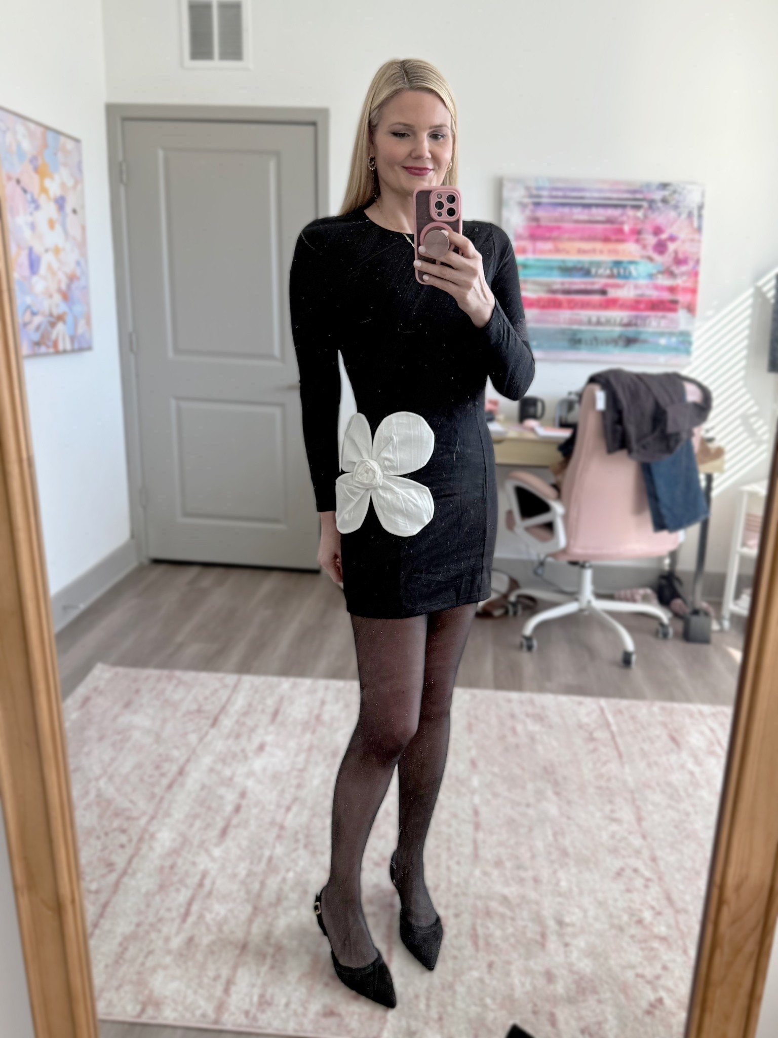 Black bodycon mini dress with floral detail. Runs small- size up one or two! I’m in the medium and could do the large too  

#LTKHoliday #LTKootd #LTKSeasonal