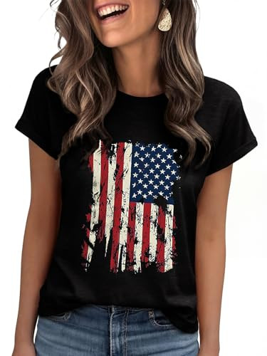 Women\u2019s American Flag Shirts Short Sleeve Graphic Print Crewneck Relaxed Summer Tee Tops | Amazon (US)