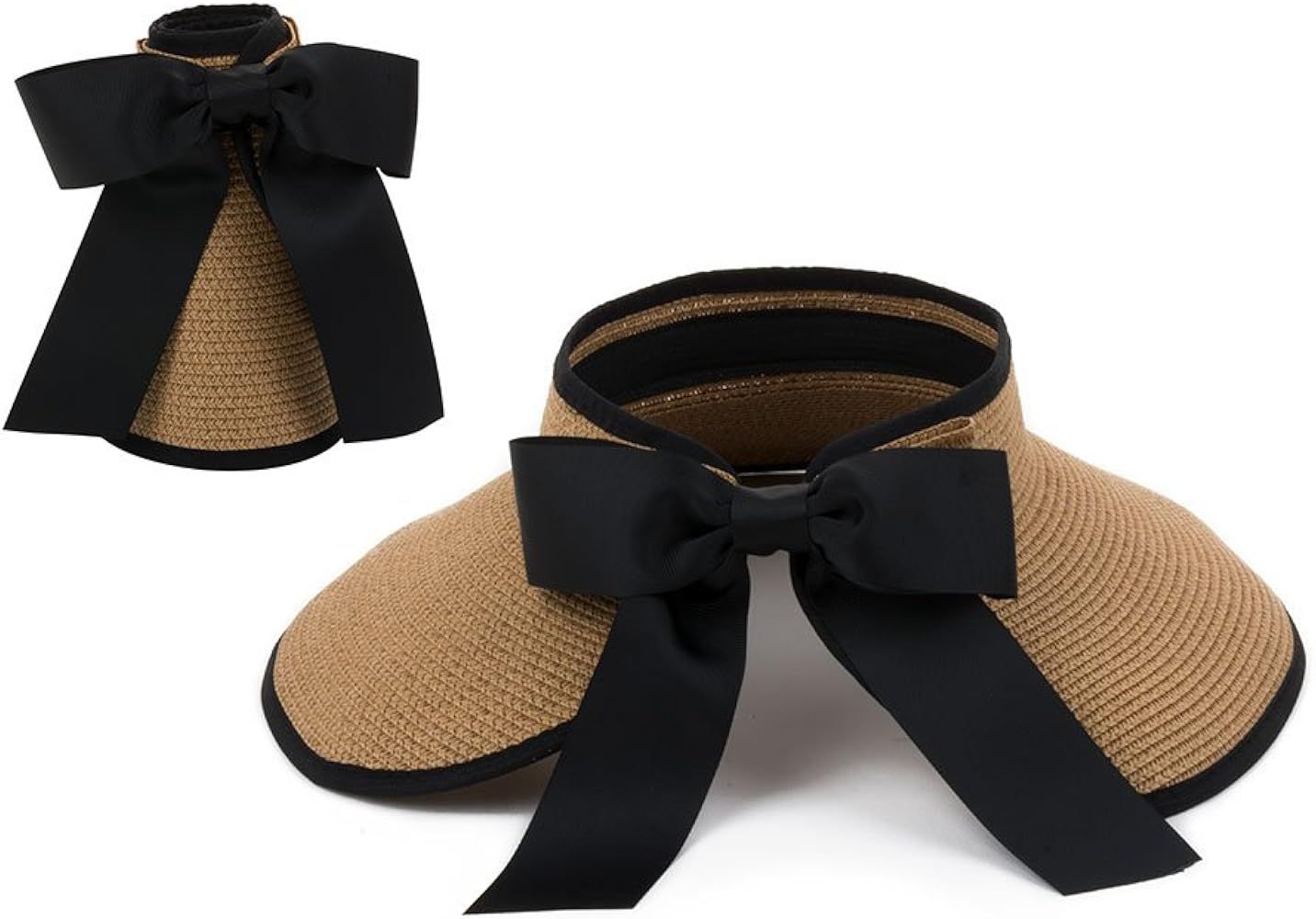 MSC Adjustable Straw Sun Visor with Wide Brim Large Bow in Back (Black Trim & Ribbon) | Amazon (US)