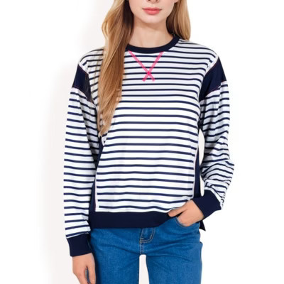 Anna-Kaci Women's Striped Crew Neck Sweatshirt with Contrast Sleeves - Medium, Navy | Target