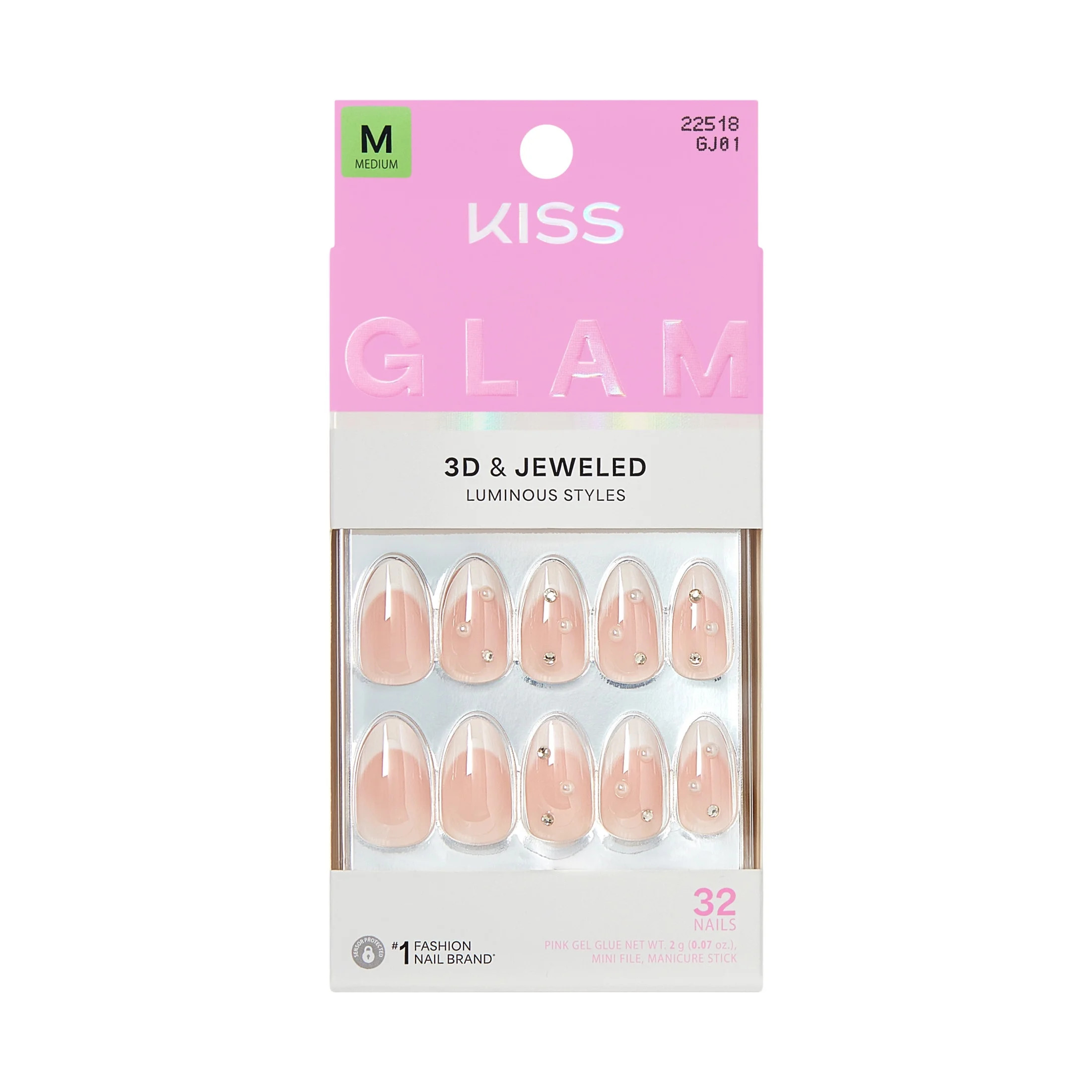 Kiss Glam 3D & Jeweled Press On Nails Almond, ‘Serendipity Awaits’, Neutral, Medium, 32 Count | Walmart (US)