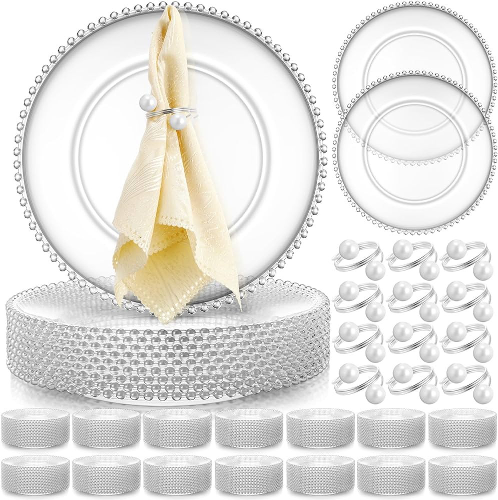 50 Set Clear Charger Plates Bulk 50 Clear Beaded Plastic Charger Plates 13 Inch, 50 Napkin Rings,... | Amazon (US)