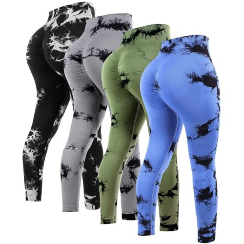 Hhhchpm 4 Pcs Womens Workout Leggings Tie Dye High Waisted Yoga Pants Seamless Scrunch Butt Lifting Compression Tights (Color-2,Medium) | Amazon (US)