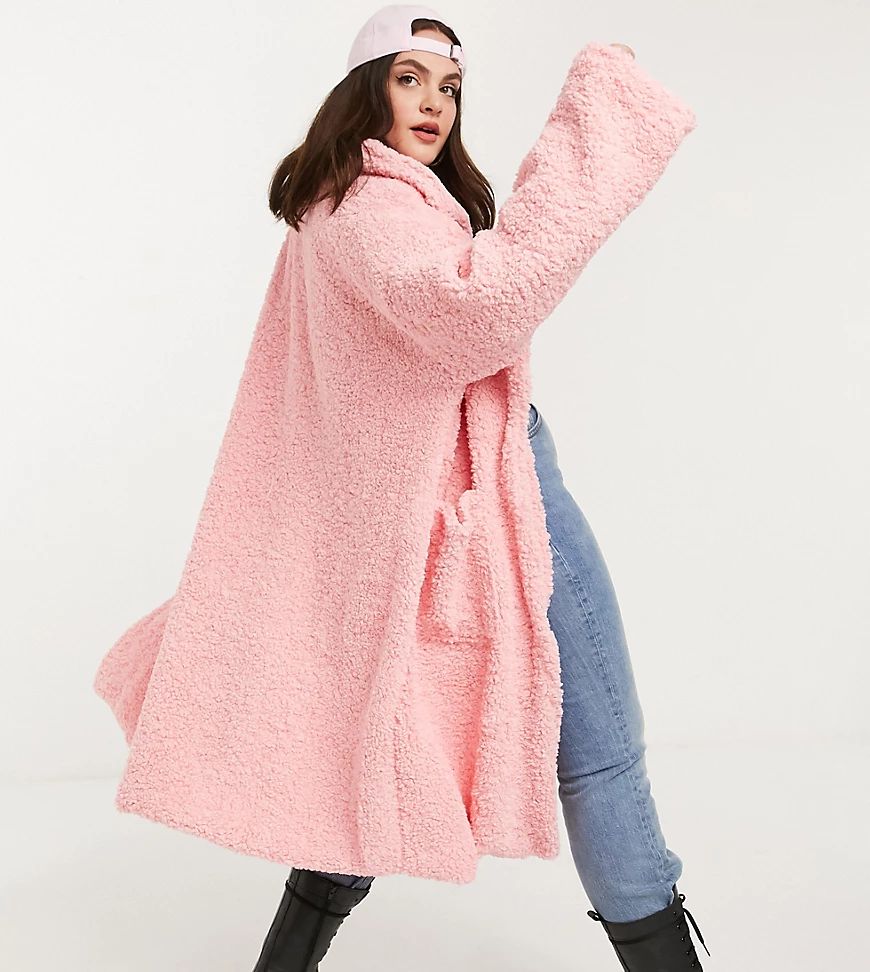 Daisy Street Plus oversized longline coat in teddy fleece-Pink | ASOS (Global)