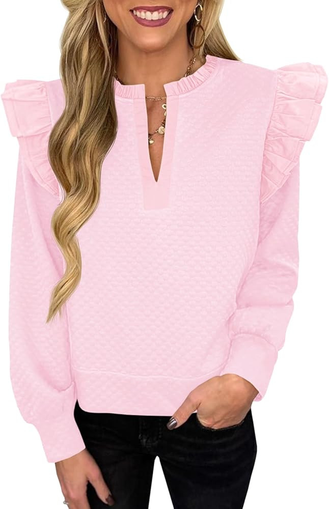 Cicy Bell Womens Ruffle Long Sleeve Sweatshirt Notched V Neck Textured Casual Pullover Tops Fall ... | Amazon (US)