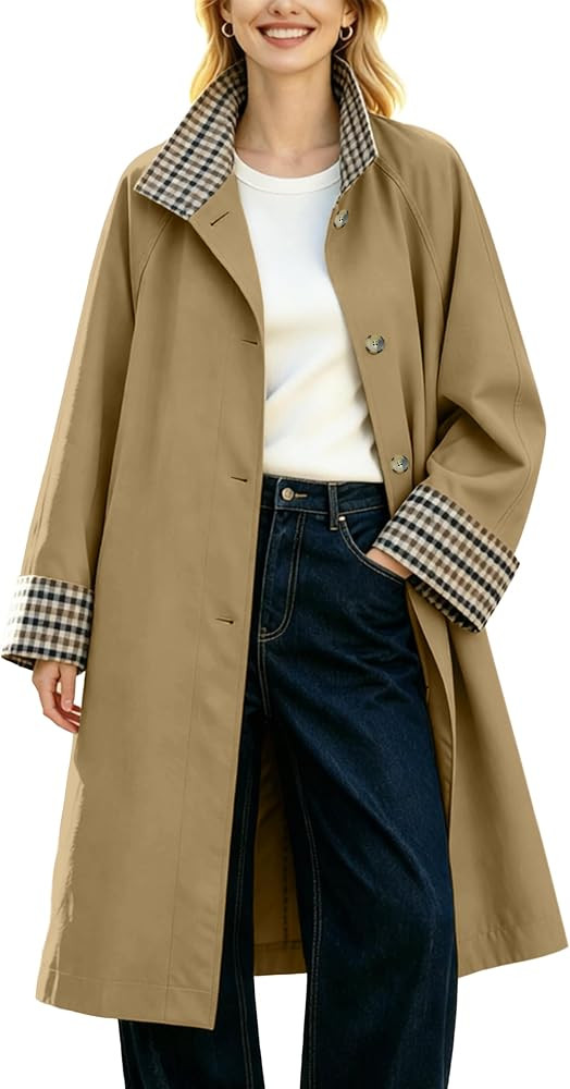 LTSCNRM Women's Plaid Spliced Long Trench Coat Single Breasted     Stand Collar, Side Pockets, Wi... | Amazon (US)