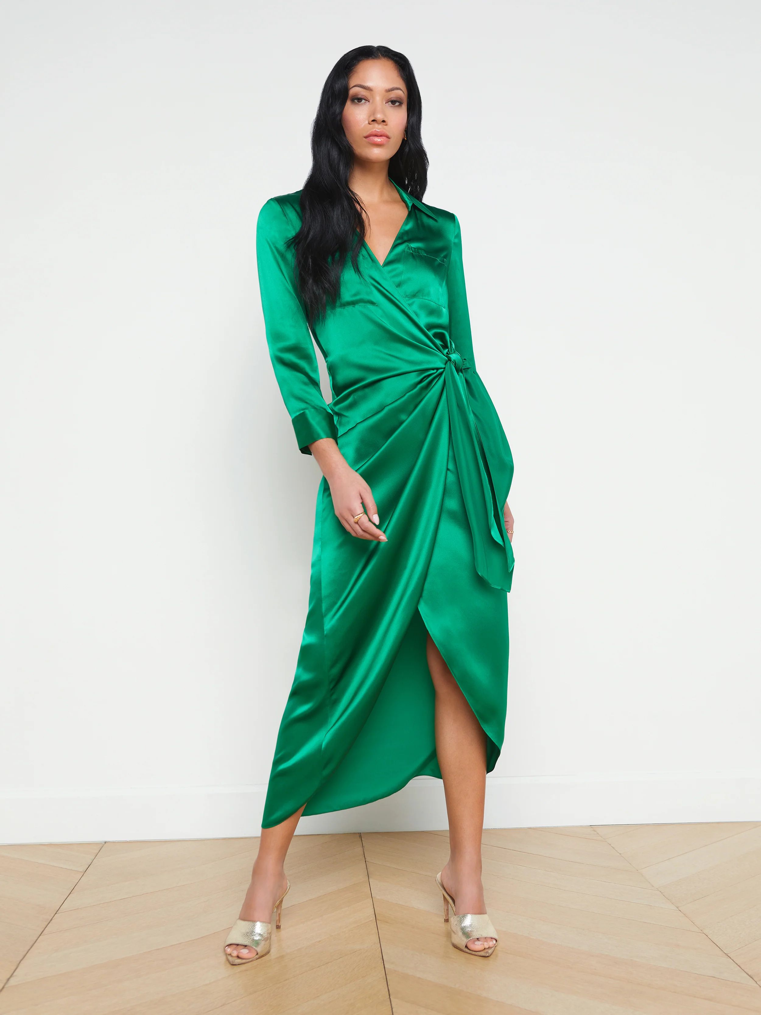 L'AGENCE - Kadi Silk Wrap Dress in Sea Green | L'Agence
