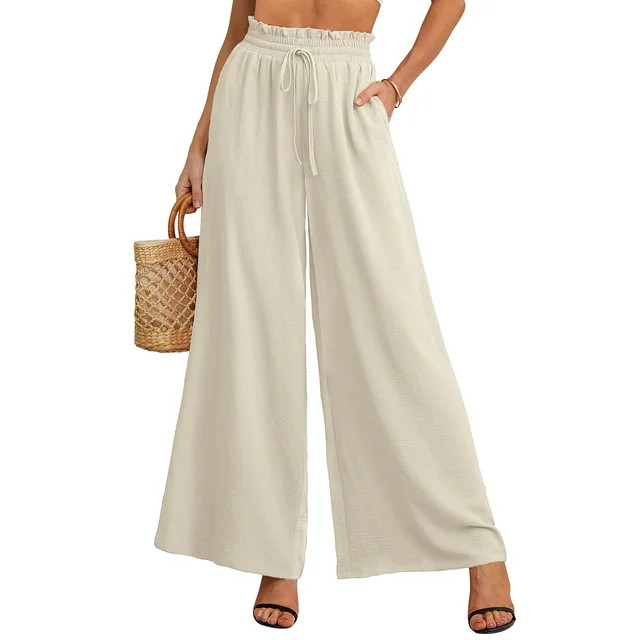 SHOWMALL Women's Wide Leg Palazzo Maxi Flowy Pants Elastic Ivory 2XL High Waist Casual Drawstring... | Walmart (US)
