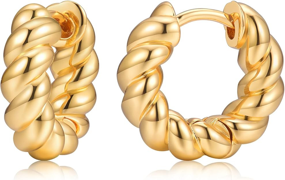 Chunky Gold Hoop Earrings for Women, Twist 14k Gold Huggie Hoop Earrings, Fashion Jewelry, Lightw... | Amazon (US)
