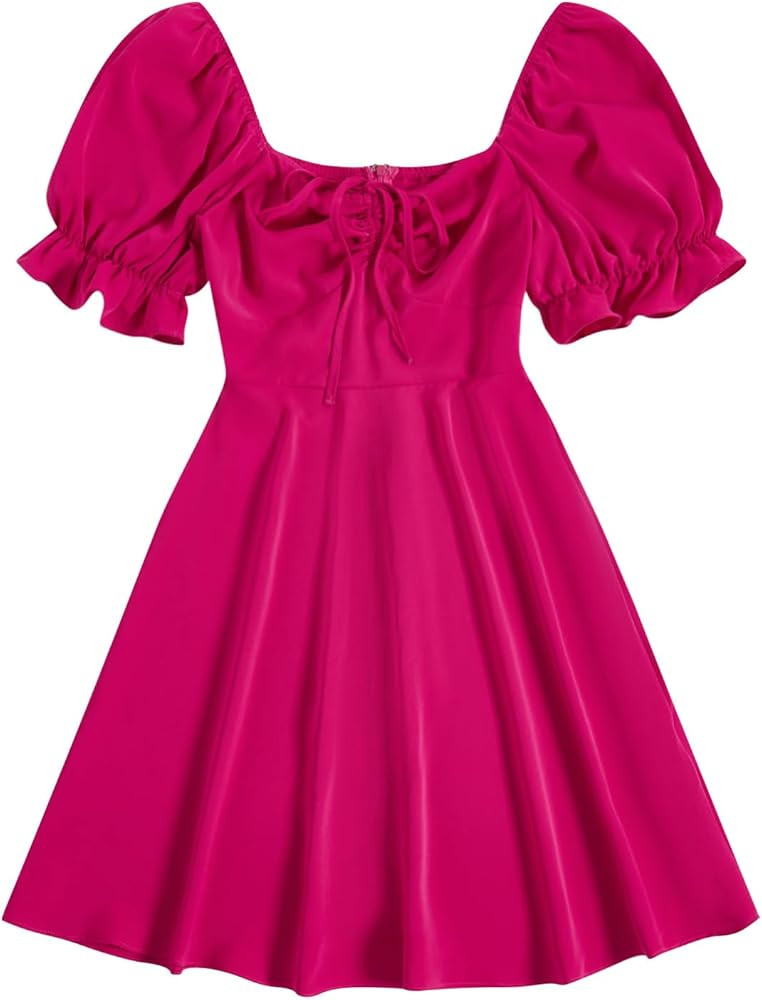 Floerns Women's Summer Drawstring Sweetheart Neck Puff Sleeve A Line Short Dress | Amazon (US)