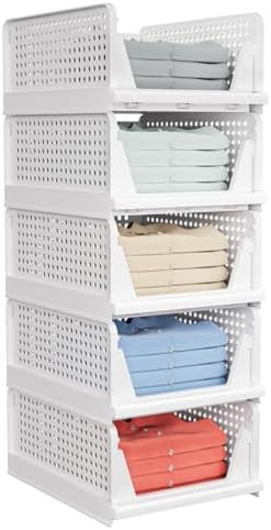 5 Pack Stackable Closet Storage Basket - Stackable Storage Bins, Multifunctional & Foldable Close... | Amazon (US)