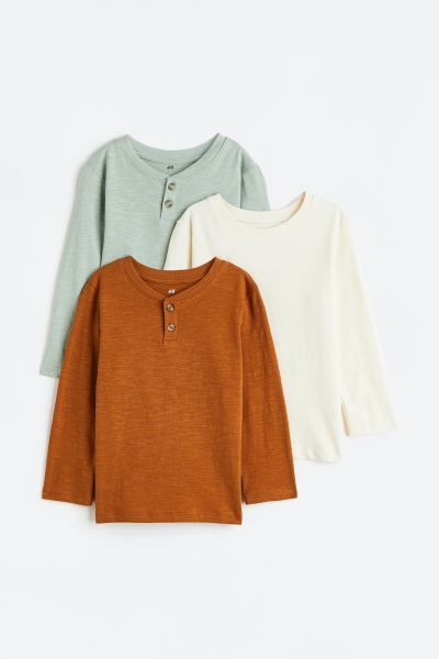 3-pack Long-sleeved Shirts - Brown/light sage green - Kids | H&M US | H&M (US + CA)