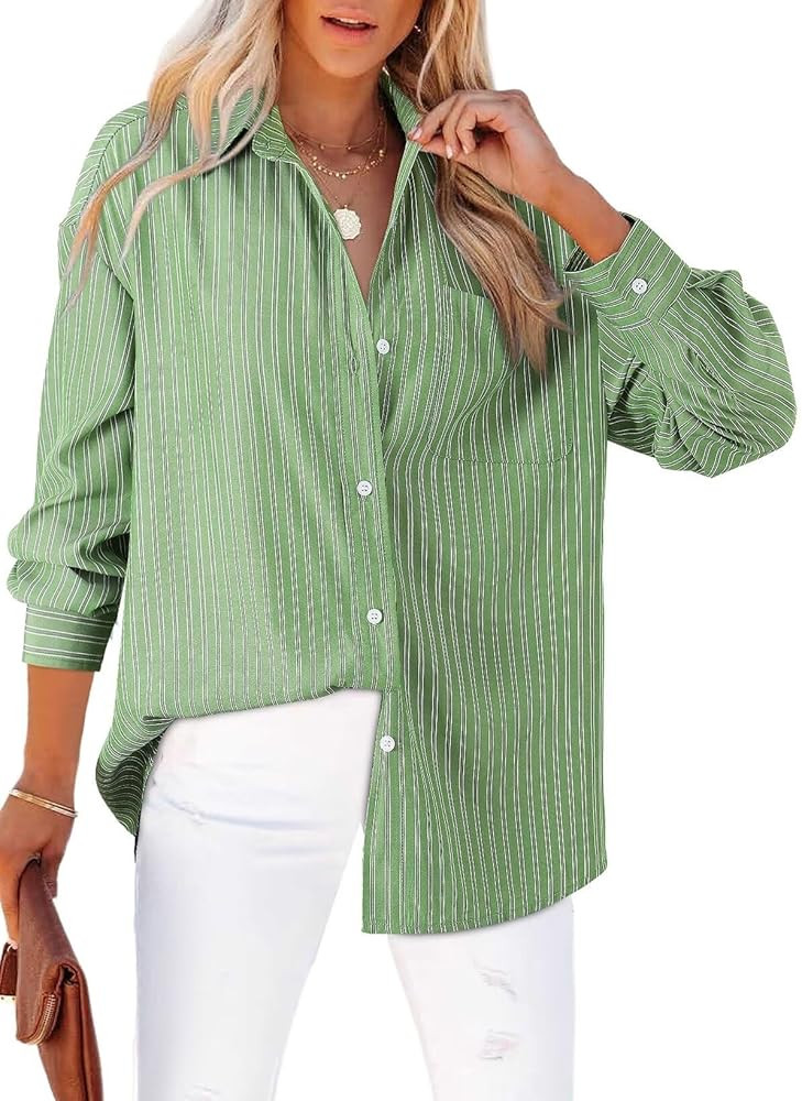 Astylish Women Blouses Oversized Striped Shirt Long Sleeve V Neck Button Down Work Tops | Amazon (US)