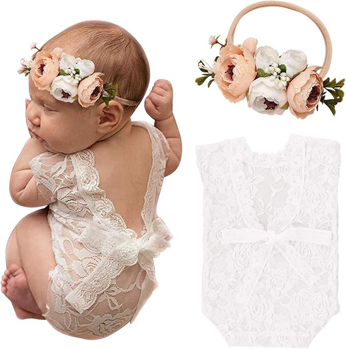 Newborn Baby Cute Lace Rompers Photography Props with Flower Headband Vest Floral Classic Outfits... | Amazon (US)